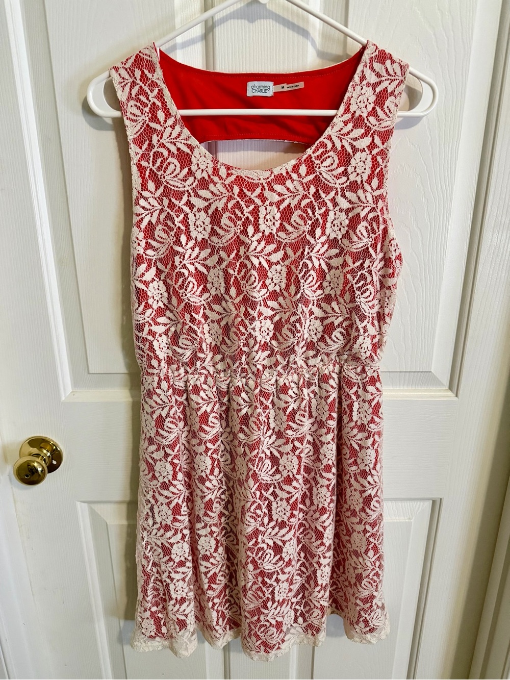 Charming Charlie Peach Dress Cream Lace Overlay
